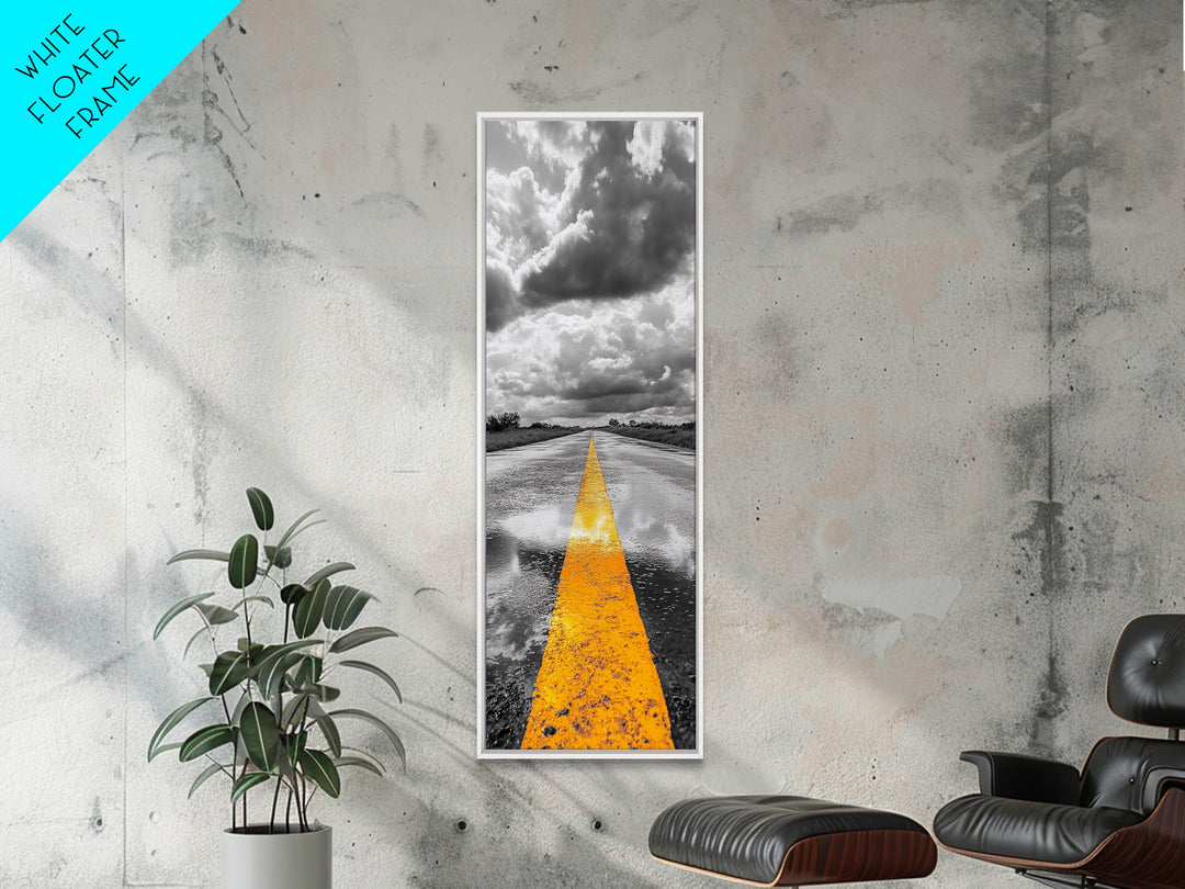 Yellow Road Line, Moody Highway, Stormy Skies, Monochrome Vibes, Framed Canvas Print, Modern Office Art, Minimalist Photography Decor