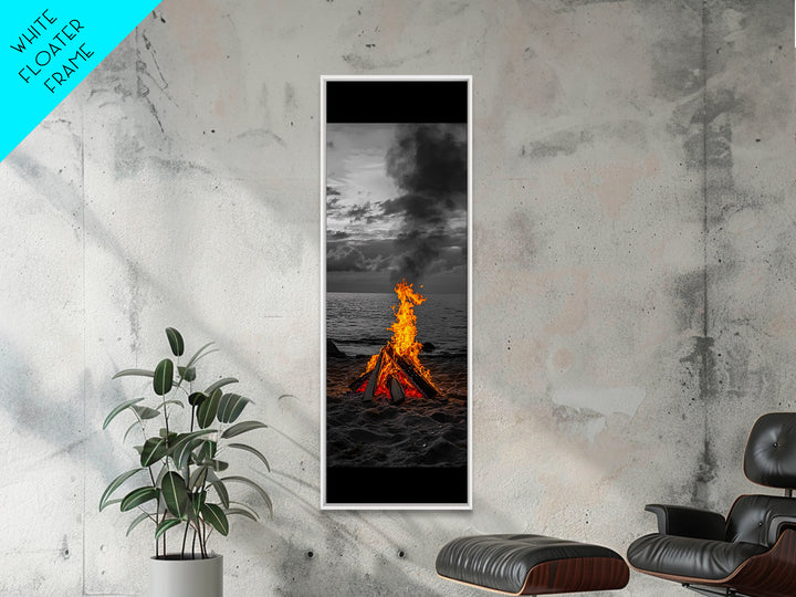 Beach Bonfire, Glowing Flame, Night Ocean, Framed Canvas Print, Autumn Coastal Wall Art, Rustic Cabin Decor, Moody Beach Photography