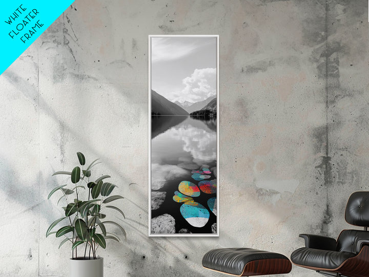 Lake Pebbles Art, Colorful Stones, Mountain Reflection, Calm Waterscape, Canvas Print, Zen Decor, Boho Lake Art, Bathroom Wall Art