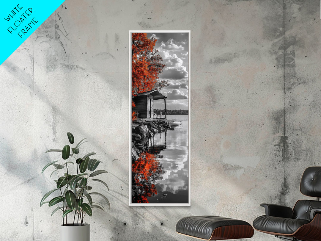 Autumn Cabin Lake, Red Tree Reflections, Tranquil Retreat, Rustic Getaway, Framed Canvas Print, Fall Decor, Nature Wall Art, Lodge Style