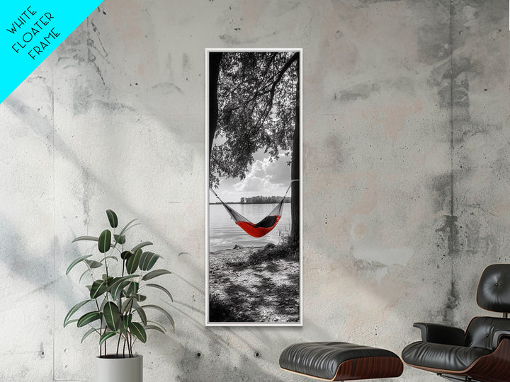Red Hammock Escape, Nature Lake Art, Serene Moment, Outdoor Vibes, Framed Canvas Print Rustic Bedroom Wall Art, Minimalist Landscape