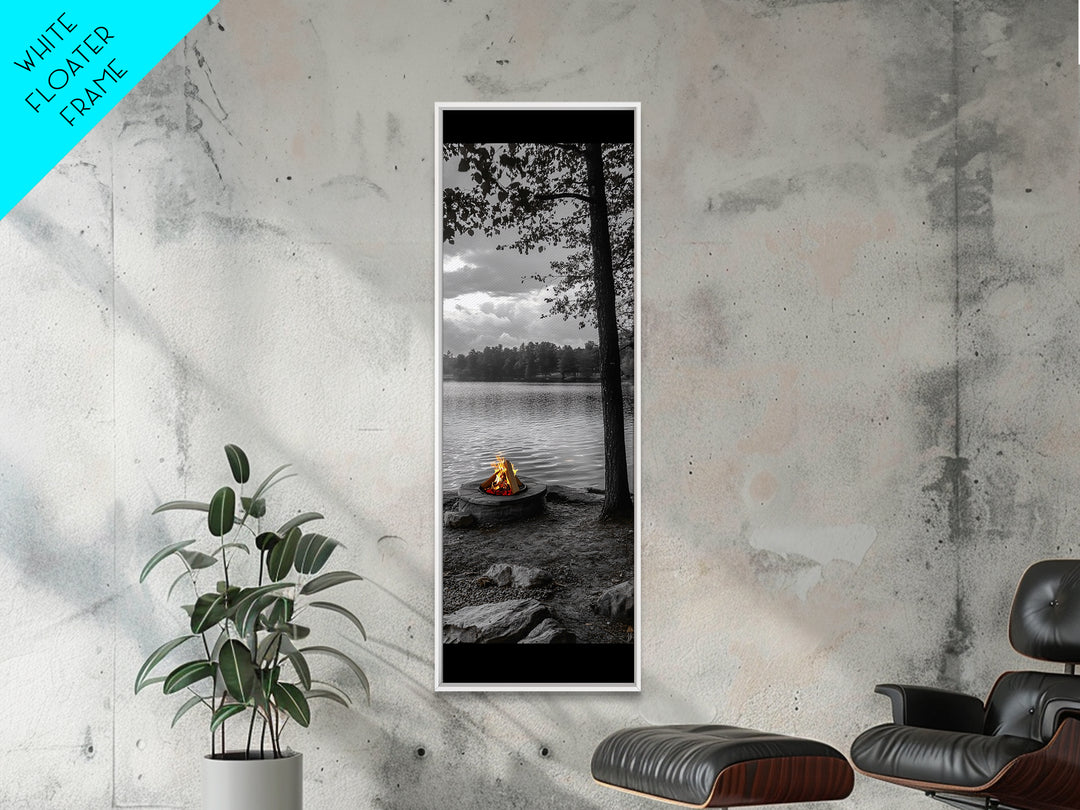 Autumn Campfire Scene, Cozy Outdoors, Fall Evening Glow, Lakeside Calm, Framed Canvas Print Cabin Decor, Living Room Autumn Wall Art