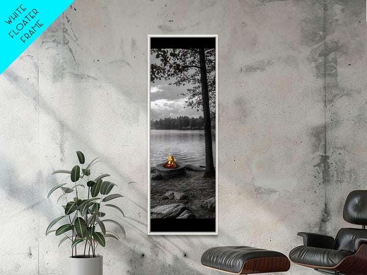 Autumn Campfire Scene, Cozy Outdoors, Fall Evening Glow, Lakeside Calm, Framed Canvas Print Cabin Decor, Living Room Autumn Wall Art