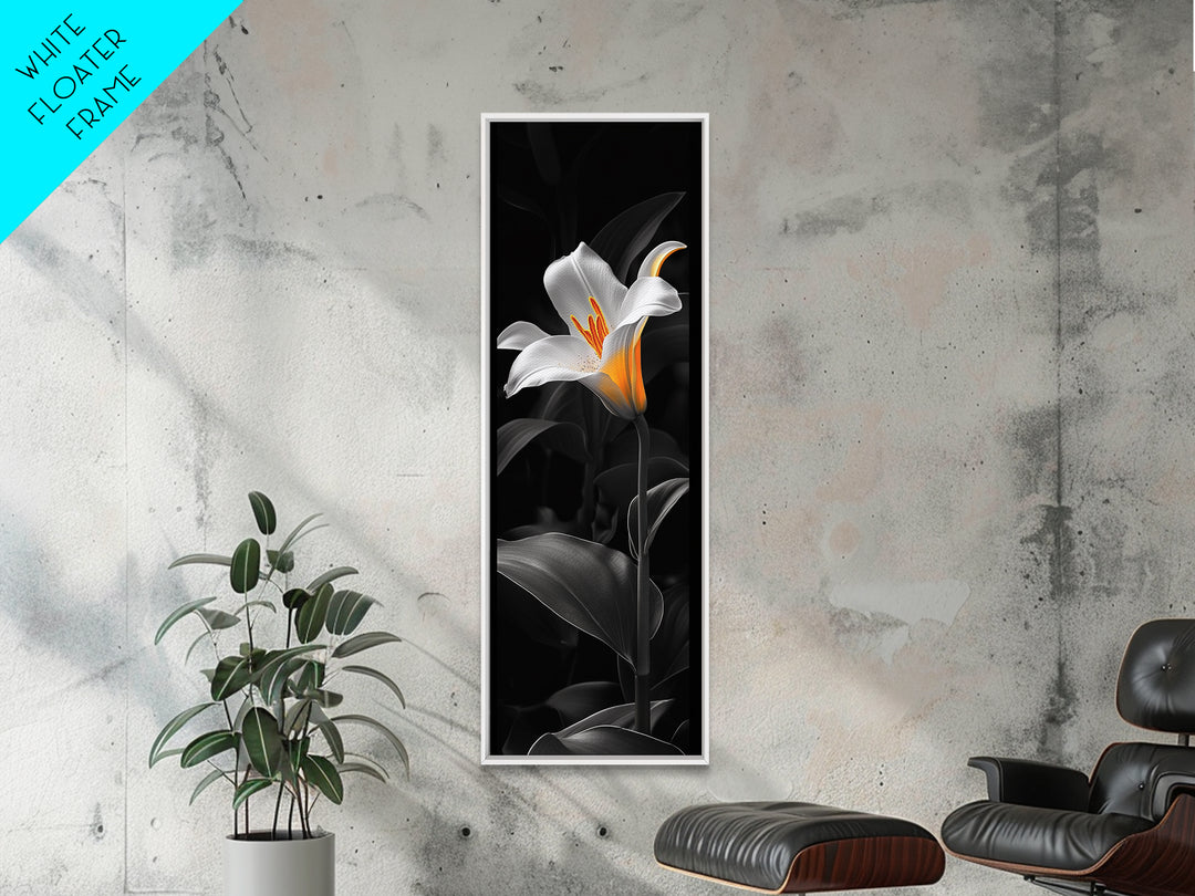 White Lily Bloom, Moody Flower Art, Dark Botanical, Elegant Glow, Framed Canvas Print Bedroom Wall Art, Modern Floral Minimalist