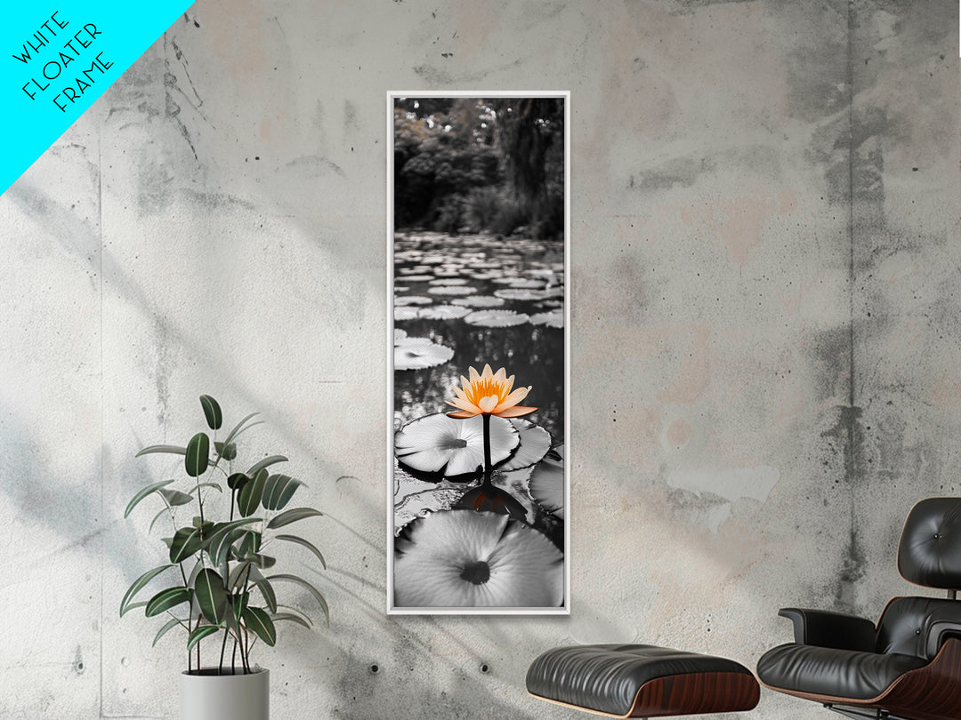 Orange Water Lily, Peaceful Pond Scene, Nature Reflection, Elegant Bloom, Framed Canvas Print Zen Bathroom Wall Art, Botanical Decor