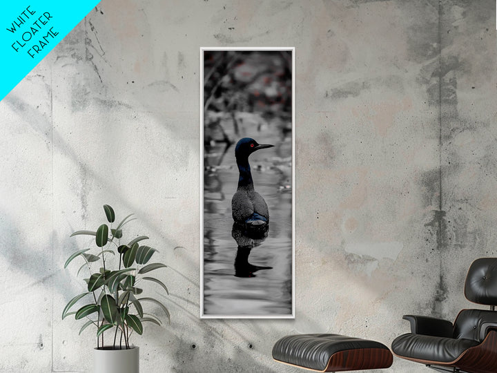 Blue Loon, Water Reflection, Elegant Bird, Lake Life Framed Canvas Print, cabin decor, nature wall art, minimalist bird art, office wall art