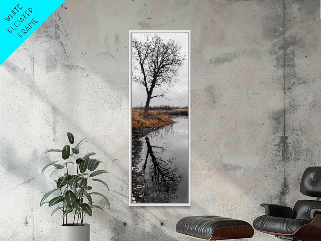 Bare Tree, Marsh Reflection, Autumn Tones, Moody Nature Framed Canvas Print, fall farmhouse wall art, rustic entryway decor, office wall art