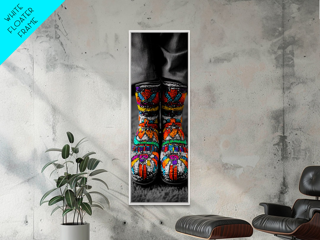 Beaded Boots, Bold Fashion, Cultural Style, Tribal Vibes, Framed Canvas Print, Boho art, Fashion Wall Art, Entryway Decor, Statement Piece