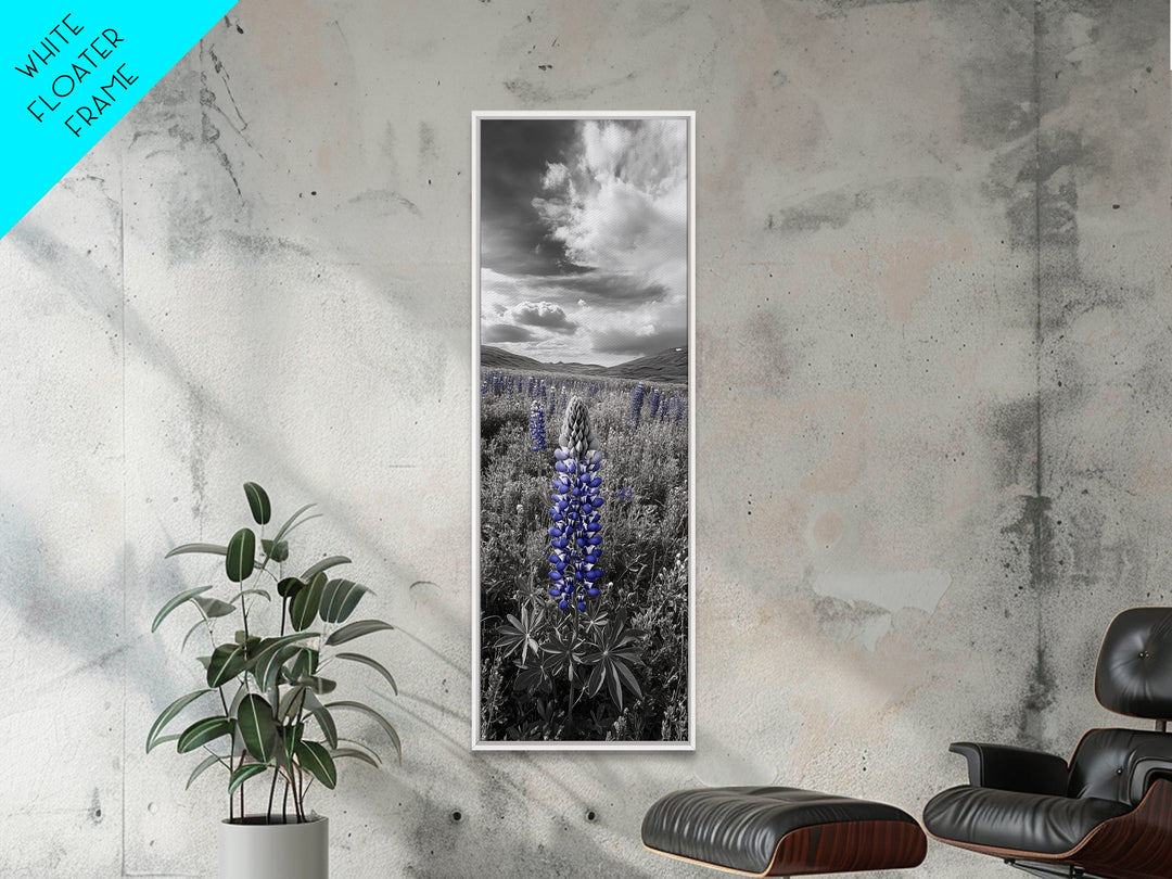 Blue Lupine, Wildflower Meadow, Cloudy Sky, Spring Bloom Framed Canvas Print, floral nature art, botanical hallway wall decor