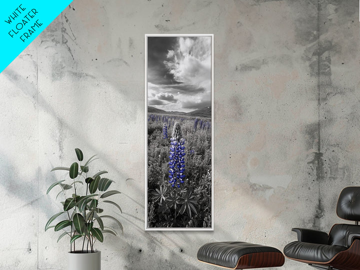 Blue Lupine, Wildflower Meadow, Cloudy Sky, Spring Bloom Framed Canvas Print, floral nature art, botanical hallway wall decor