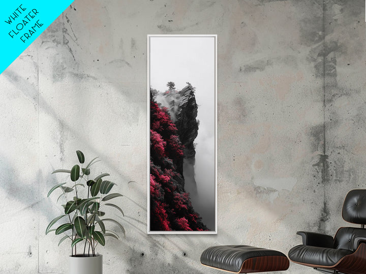 Misty Cliffs, Pink Blossoms, Zen Mountains, Dreamy Fog, Framed Canvas Print, boho wall art, meditation space, nature fantasy decor