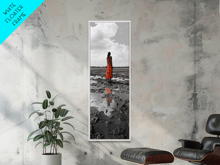 Solitary Woman, Polka Dot Dress, Reflected Mood, Framed Canvas Print, Surreal Fine Art, Bedroom Wall Art, Contemporary Minimalist Style