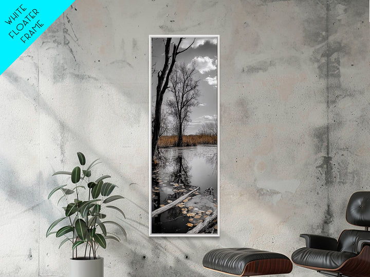 Swamp Trees, Moody Waters, Golden Lilies, Reflective Pond, Framed Canvas Print, Autumn Wall Art, Nature Decor, Living Room Landscape
