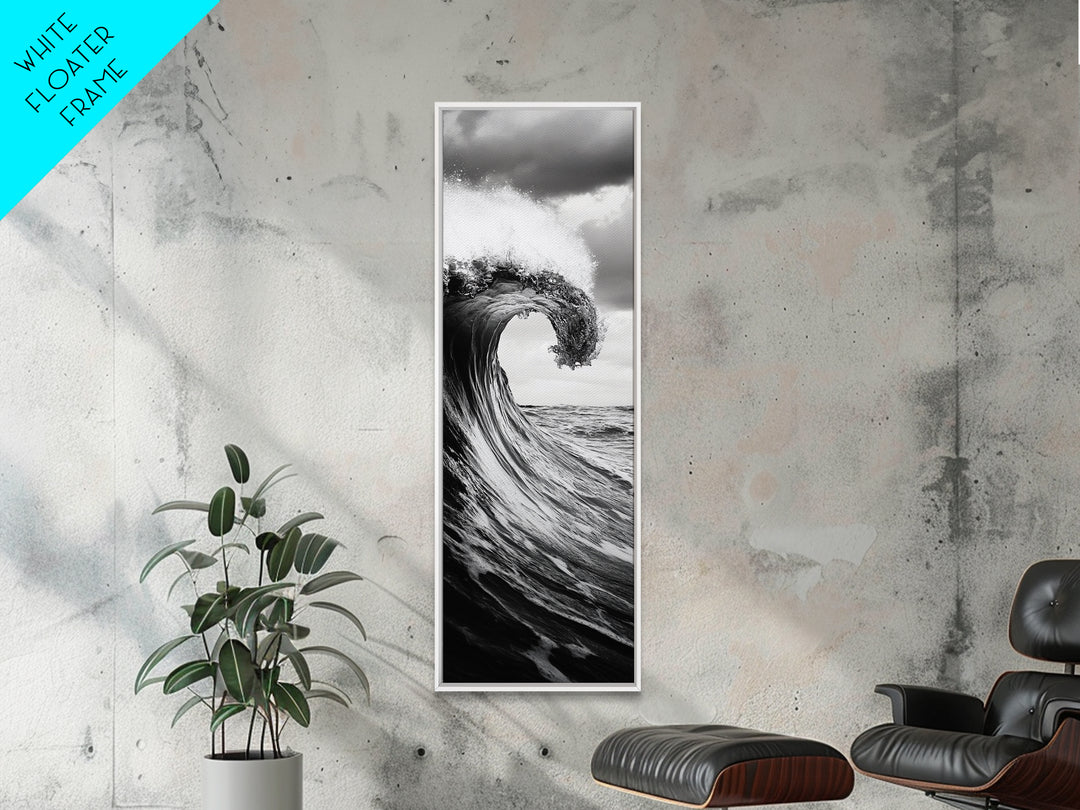 Ocean Wave, Monochrome Surf, Nature Power, Dramatic Sea, Framed Canvas Print, Coastal Wall Decor, Modern Bathroom Art, Minimalist Ocean Art