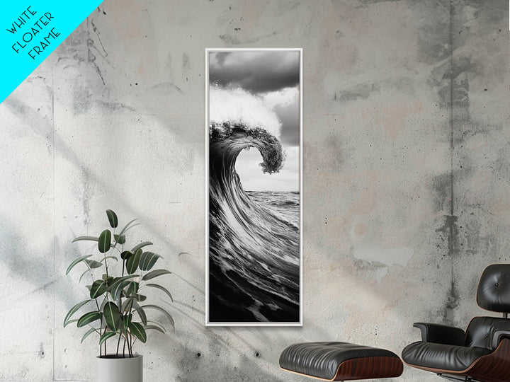 Ocean Wave, Monochrome Surf, Nature Power, Dramatic Sea, Framed Canvas Print, Coastal Wall Decor, Modern Bathroom Art, Minimalist Ocean Art