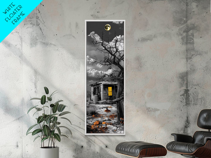 Haunted Cabin, Yellow Light, Full Moon, Framed Canvas Print, Halloween Wall Art, Gothic Decor, Spooky Home Accent, Fall Vibes