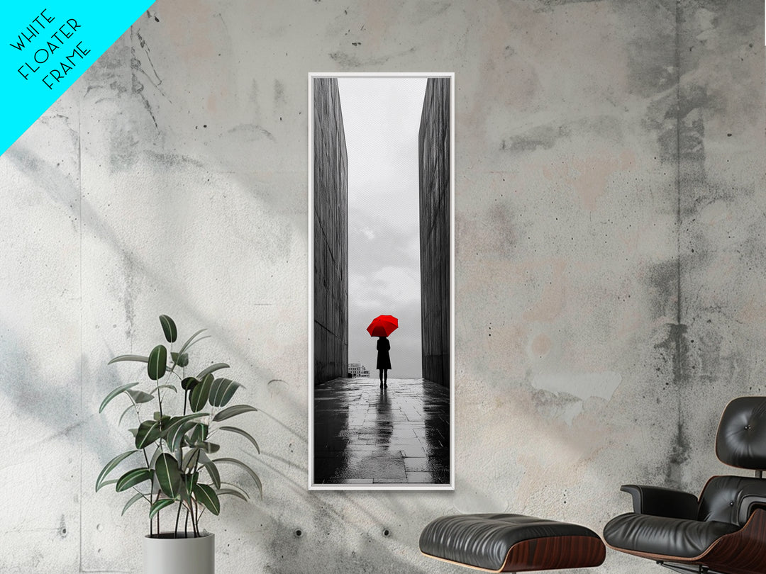 Red Umbrella, Rainy Day, Urban Silhouette, Framed Canvas Print, Minimalist Wall Art, Modern Entryway Decor, Monochrome Mood