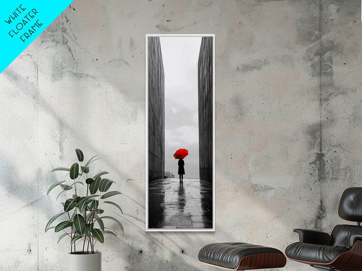 Red Umbrella, Rainy Day, Urban Silhouette, Framed Canvas Print, Minimalist Wall Art, Modern Entryway Decor, Monochrome Mood