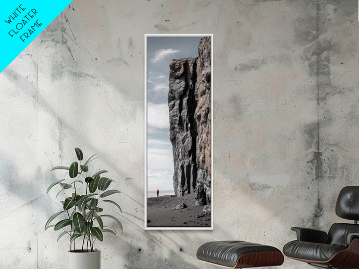 Cliff Wall, Ocean View, Lone Hiker, Rugged Coast, Framed Canvas Print, Adventure Art, Minimalist Decor, Office Wall Art, Modern Nature
