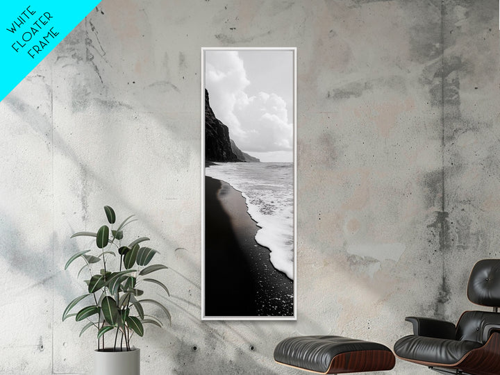 Black Sand, Ocean Foam, Rocky Shoreline, Coastal Serenity, Framed Canvas Print, Monochrome Wall Art, Bathroom Decor, Beach Minimalist