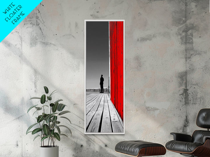 Man Silhouette, Red Wall, Boardwalk Contrast, Minimal Scene, Framed Canvas Print, Urban Wall Art, Modern Decor, Office Accent Piece