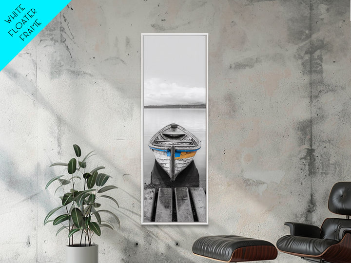 Rowboat Front, Calm Water, Lake Stillness, Serene View, Framed Canvas Print, Nautical Decor, Minimalist Art, Coastal Living Room