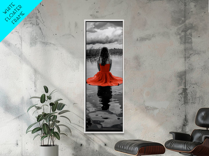 Woman in Red, Serene Lake, Moody Reflections, Dramatic Art Scene, Canvas Print, Bedroom Wall Art, Romantic Decor, Adventure Themed Ar