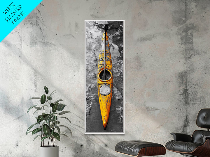 Yellow Kayak, Muddied Shoreline, Solo Adventure, Framed Canvas Print, Rustic Outdoors Decor, Autumn Wall Art, Boho Kayaking Style