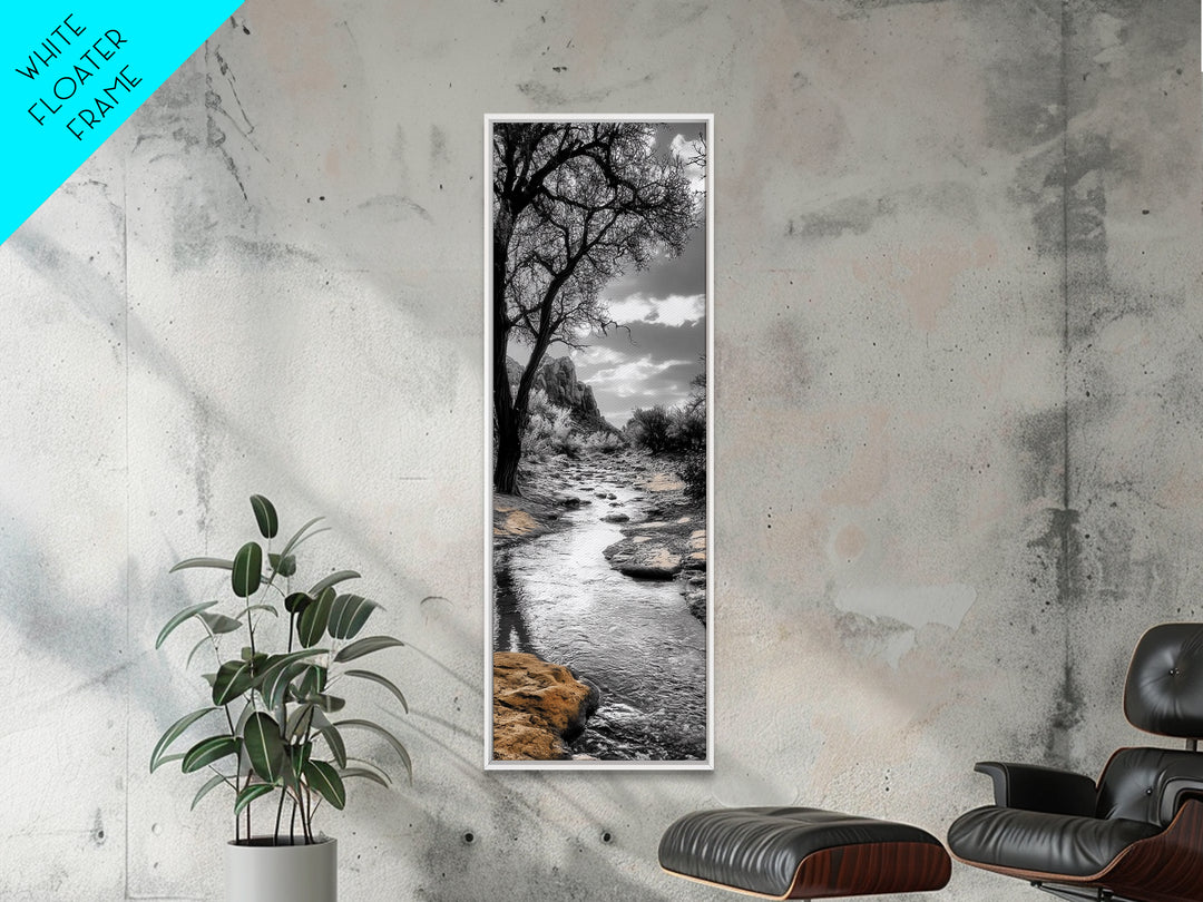 Desert Creek, Rocky Stream, Black and White Nature, Framed Canvas Print, Minimalist Southwest Art, Bedroom Decor, Monochrome Landscape