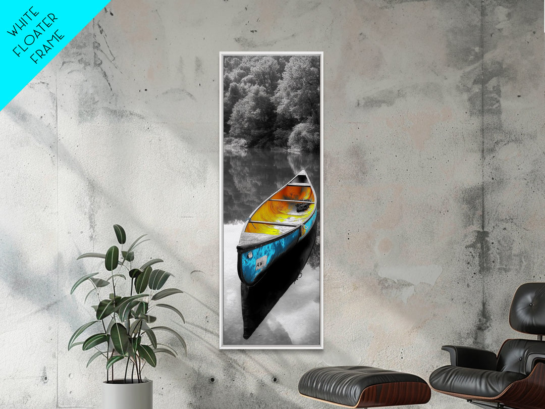 Blue and Yellow Canoe, Calm River Reflections, Rustic Boat Scene, Framed Canvas Print, Autumn Wall Art, Nature Inspired Decor