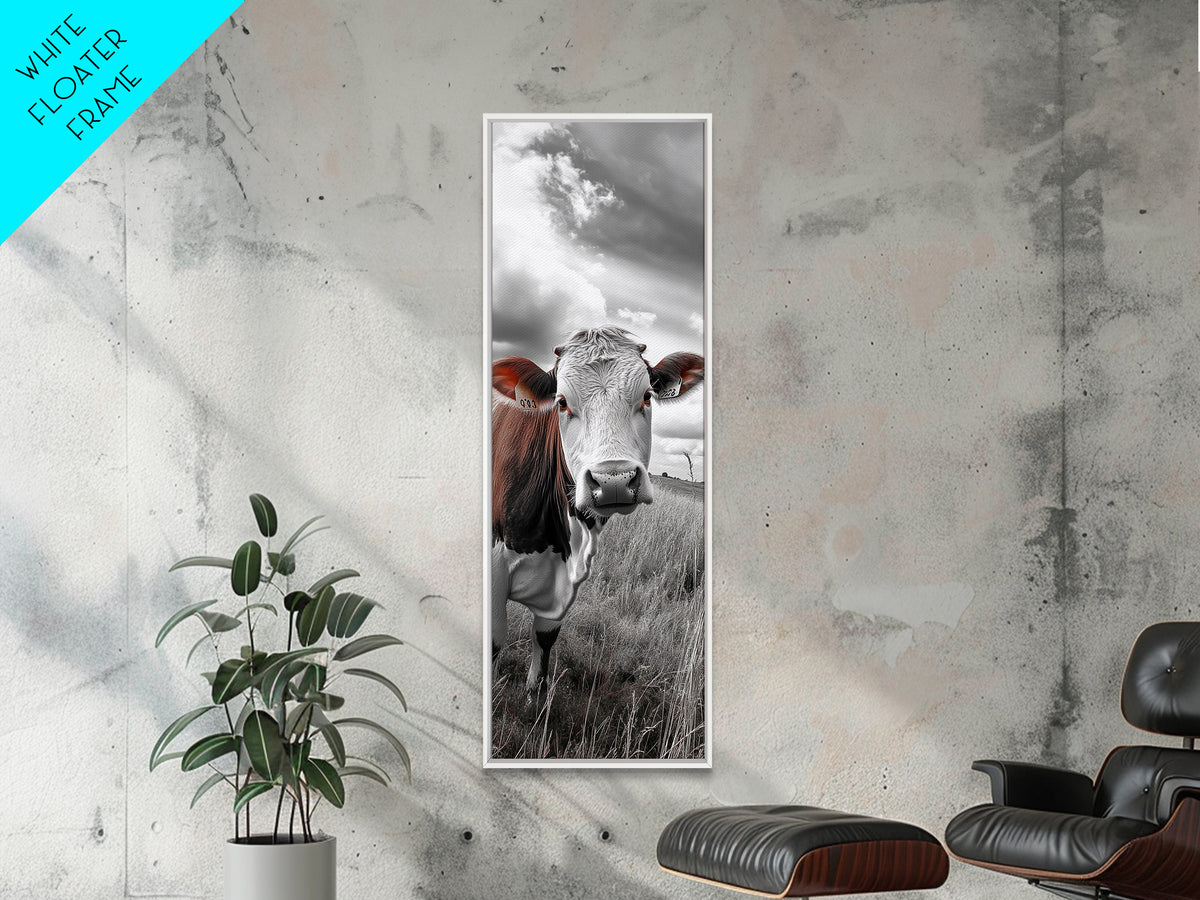 Curious Cow Portrait, Rustic Farmhouse Decor, Country Field Vibe, Framed Canvas Print, Western Wall Art, Kitchen or Dining Room Accent