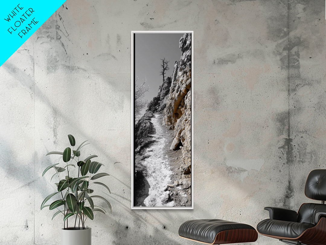 Cliff Pathway Art, Nature Trail Scene, Monochrome Rustic Landscape, Framed Canvas Print, Mountain Cabin Entryway Wall Decor