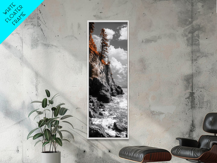 Autumn Cliff Scene, Bold Trees Coastal Wall Art, Fall Foliage Home Style, Framed Canvas Print, Seasonal Nature Living Room Decor