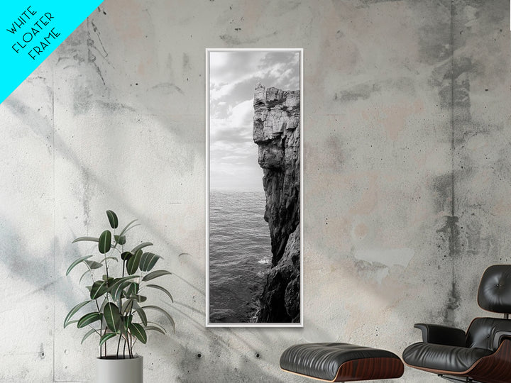 Ocean Cliff Edge, Rugged Coastline Art, Black White Landscape Print, Framed Canvas Print, Modern Seaside Office Wall Decor, Moody Landscape