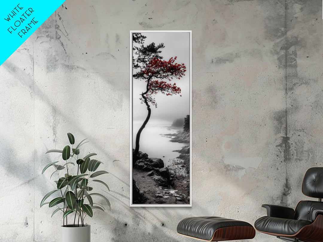 Curved Tree, Foggy Coastline, Red Leaves, Moody Nature Canvas Print, Autumn Landscape, Bedroom Wall Art, Minimalist Earthy Decor