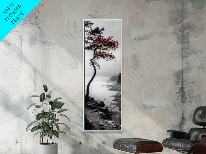 Curved Tree, Foggy Coastline, Red Leaves, Moody Nature Canvas Print, Autumn Landscape, Bedroom Wall Art, Minimalist Earthy Decor