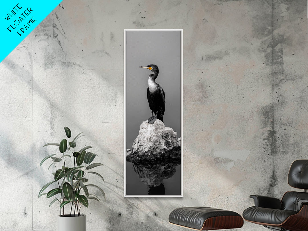 Cormorant Bird, Coastal Bird Art, Water Bird, Minimal Nature Art, Black and White Wildlife, Framed Canvas Print, Modern Entryway Wall Art
