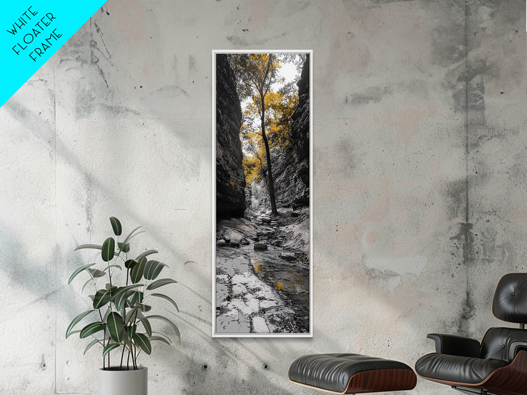 Autumn Gorge, Fall Stream, Yellow Trees, Nature Canyon Trail, Framed Canvas Print, Rustic Hallway Decor, Cozy Autumn Living Room Art