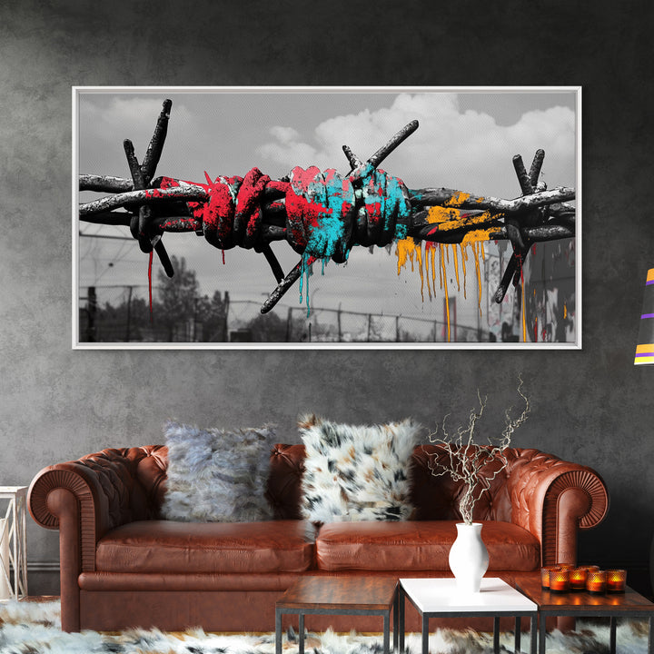 Barbed Wire, Graffiti Art, Urban Street Style, Grunge Decor, Framed Canvas Print, Industrial Wall Art, Dripping Paint, Mixed Media Style
