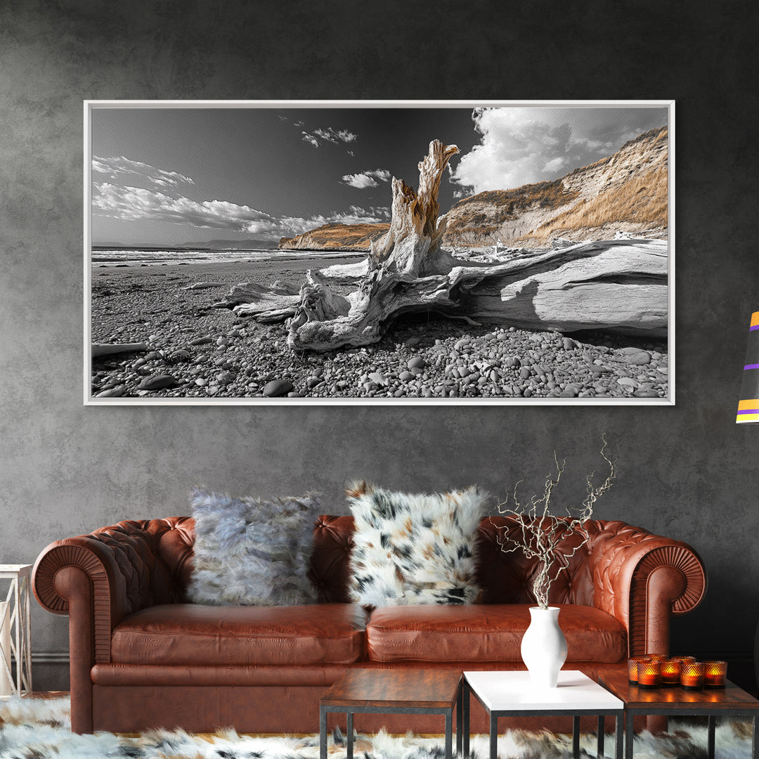 Coastal Driftwood, Beach Scene, Natural Texture, Modern Rustic, Framed Canvas Print, Neutral Tones, Office Wall Art, Coastal Vibe Decor