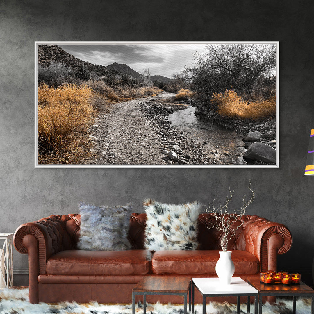 Autumn Path, Golden Bushes, Seasonal Stream, Fall Foliage, Framed Canvas Print, Cozy Entryway Decor, Rustic Wall Art, Nature Inspired