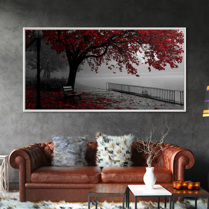 Autumn Bench, Leaves, Foggy park serenity meets bold red leaves in this Framed Canvas Print, ideal Autumn Bedroom Wall Art, Entryway Decor