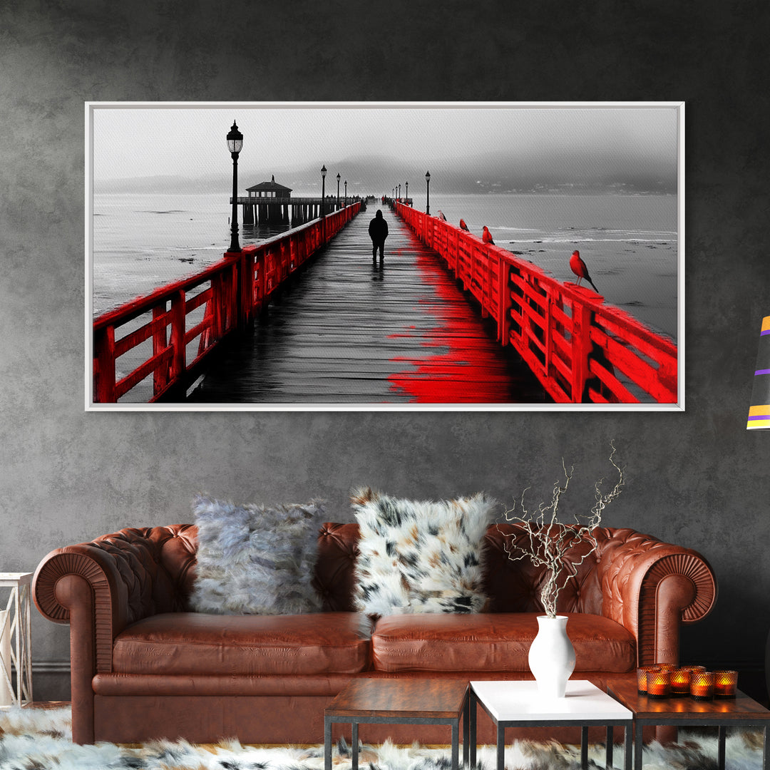 Pier, Red Railings, Fog, Lonely walk down a vivid red pier into the mist in this Framed Canvas Print, Coastal Decor, Minimalist Wall Art