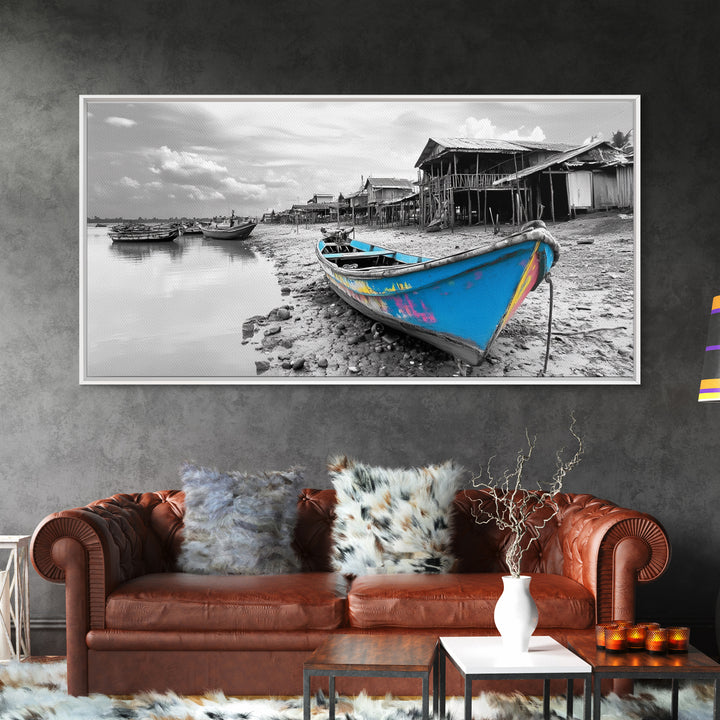 Blue Boat, Shore Village, Coastal Charm, Framed Canvas Print, Rustic Fishing Art, Seaside Home Decor, Nautical Style, Ocean Wall Art