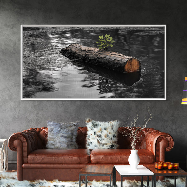 Nature Log, Life Grows, Floating Tree, Framed Canvas Print, Minimalist Growth Art, Nature Symbolism, Office Inspiration, Calm Wall Art