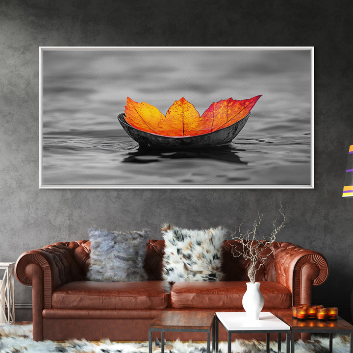 Autumn Leaf, Floating Bowl, Red Yellow Decor, Framed Canvas Print, Cozy Fall Art, Thanksgiving Wall Art, Kitchen Decor, Minimalist Style