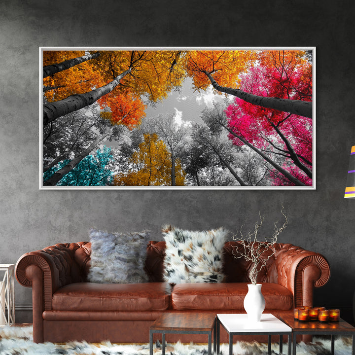 Autumn Trees, Colorful Forest, Fall Foliage, Looking Up, Framed Canvas Print, Vibrant Nature, Living Room Wall Art, Boho Style