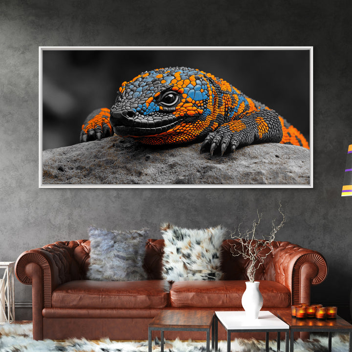 Colorful Lizard, Wildlife Closeup, Exotic Creature, Nature Bold, Framed Canvas Print, Reptile Lover Gift, Office Wall Art, Vibrant Wildlife Art
