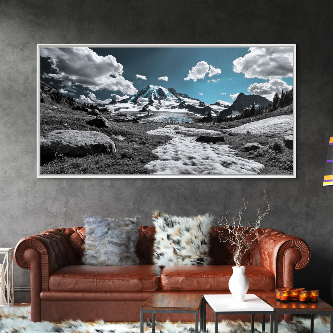 Blue Sky, Glacial Mountain, Winter Landscape, Nature Scene, Framed Canvas Print, Cabin Wall Art, Snowy Hiking Trail, Minimalist Nature Art