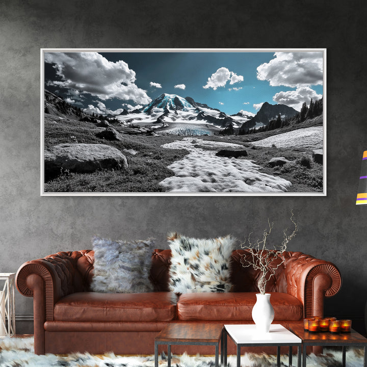 Blue Sky, Glacial Mountain, Winter Landscape, Nature Scene, Framed Canvas Print, Cabin Wall Art, Snowy Hiking Trail, Minimalist Nature Art